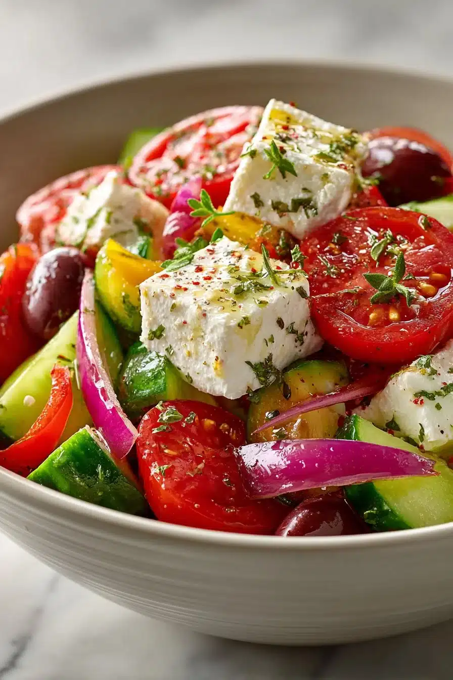 Mediterranean Greek salad with feta cheese, tomatoes, cucumbers, and olives