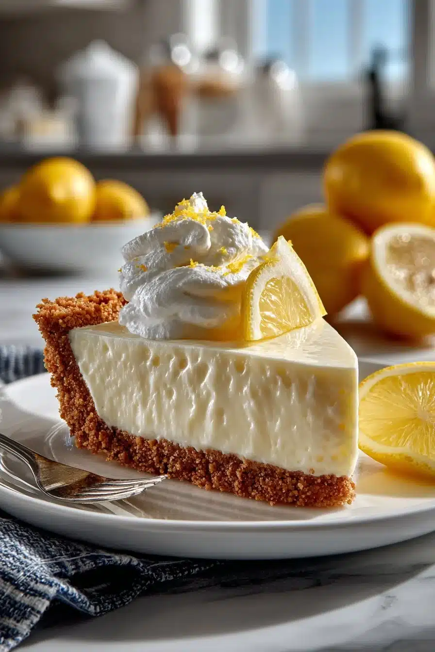 Easy no bake lemon cream cheese pie topped with whipped cream
