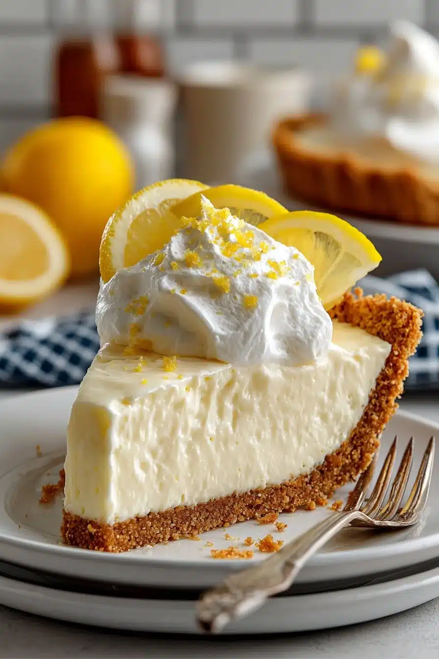 No bake lemon cream cheese pie dessert topped with lemon zest and whipped cream