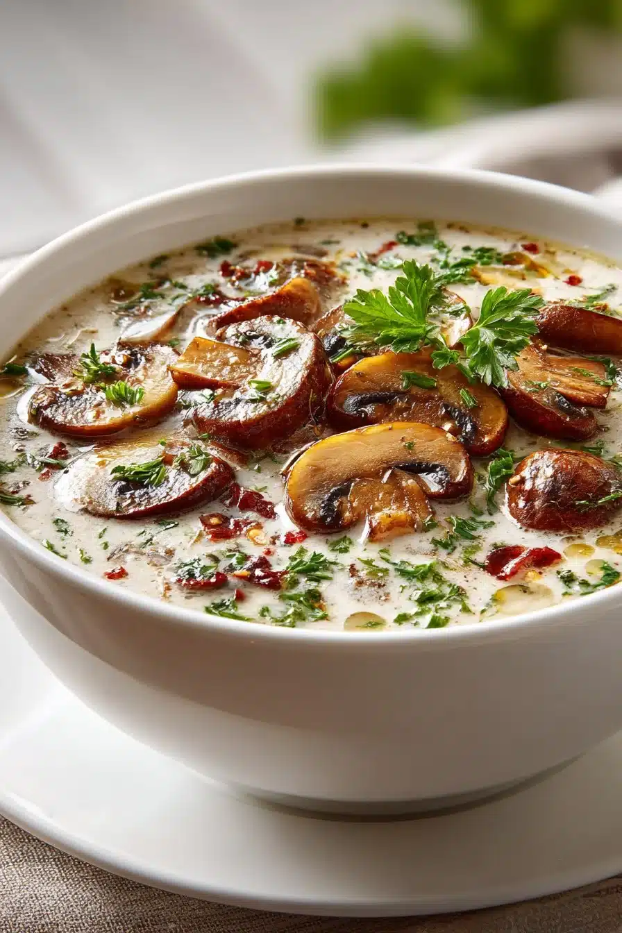 Bowl of easy one pot creamy mushroom soup garnished with fresh herbs.