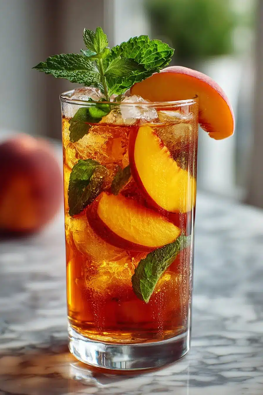 Easy Sparkling Peach and Mint Iced Tea Drink Refreshing sparkling peach iced tea with mint garnish in a glass