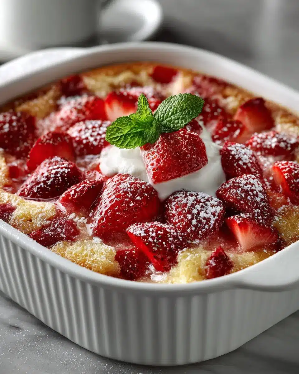 Slice of easy strawberry rhubarb dump cake on a plate