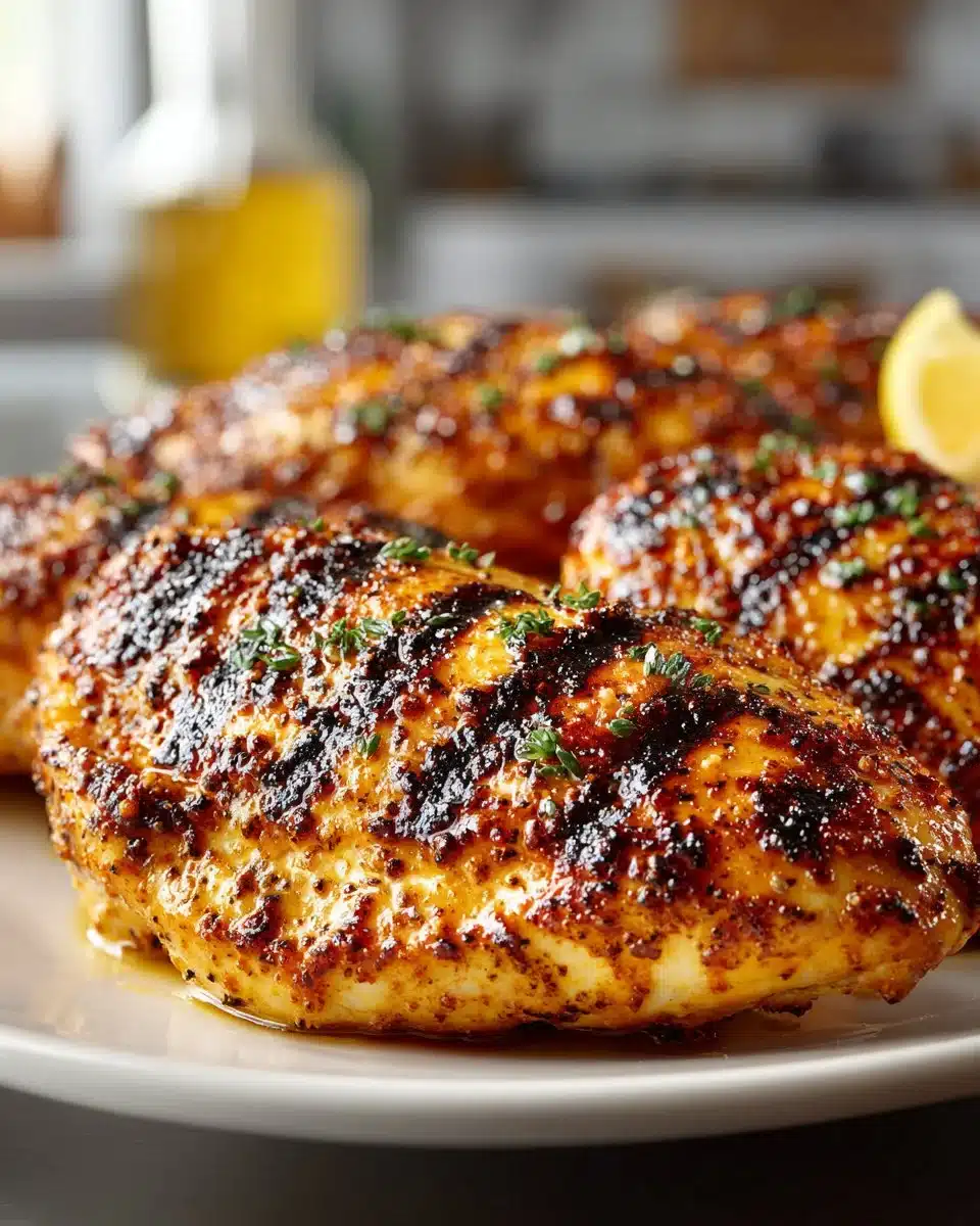 Juicy grilled chicken breasts marinated for summer grilling