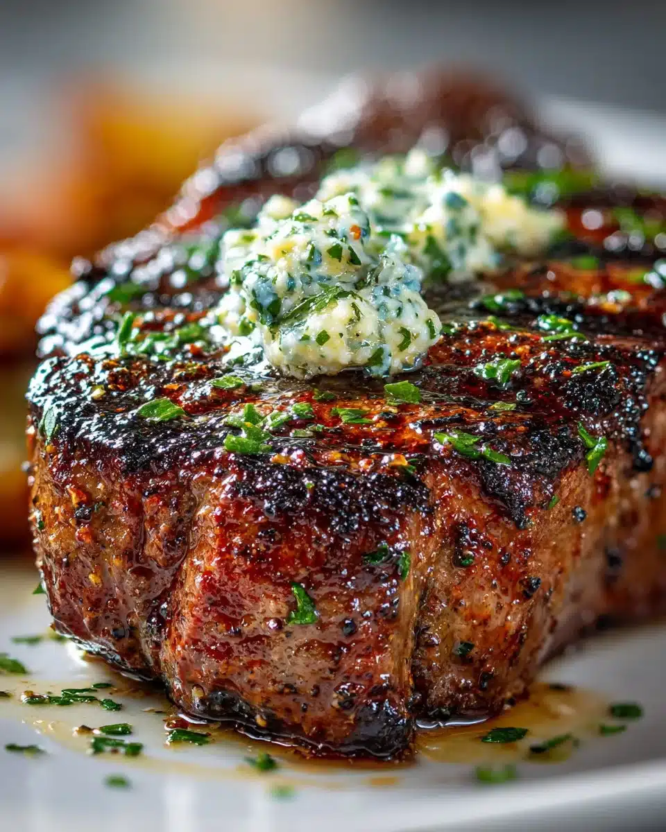 Juicy grilled steak topped with garlic butter, perfect for summer cookouts.