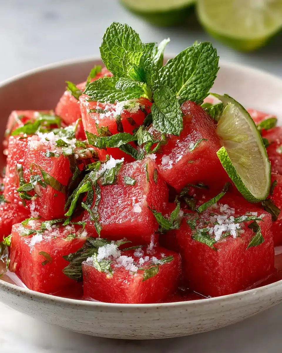 Delicious summer watermelon mint salad in a bowl, garnished with fresh mint leaves