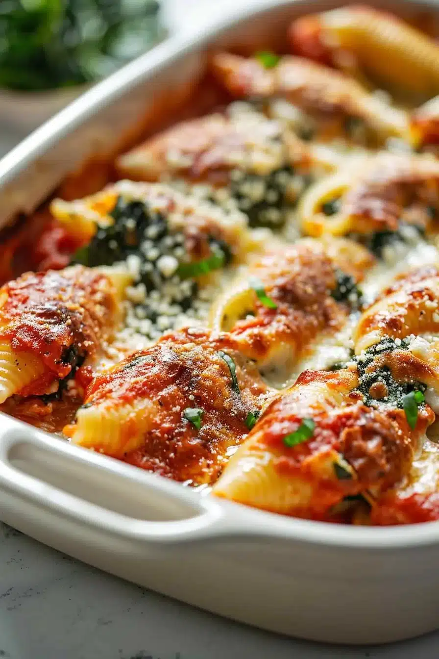 Delicious spinach ricotta stuffed shells topped with marinara sauce