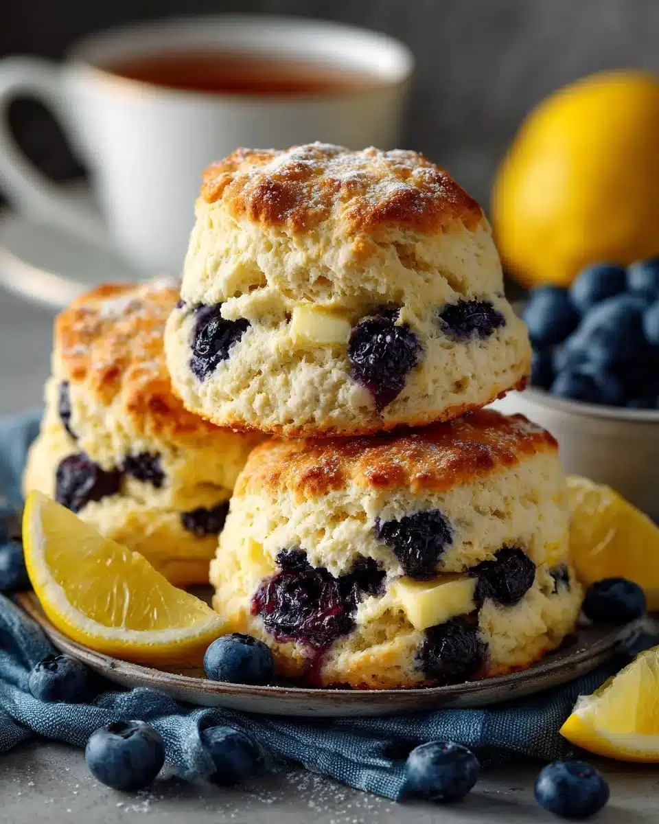 Freshly baked blueberry and lemon scones on a wooden table