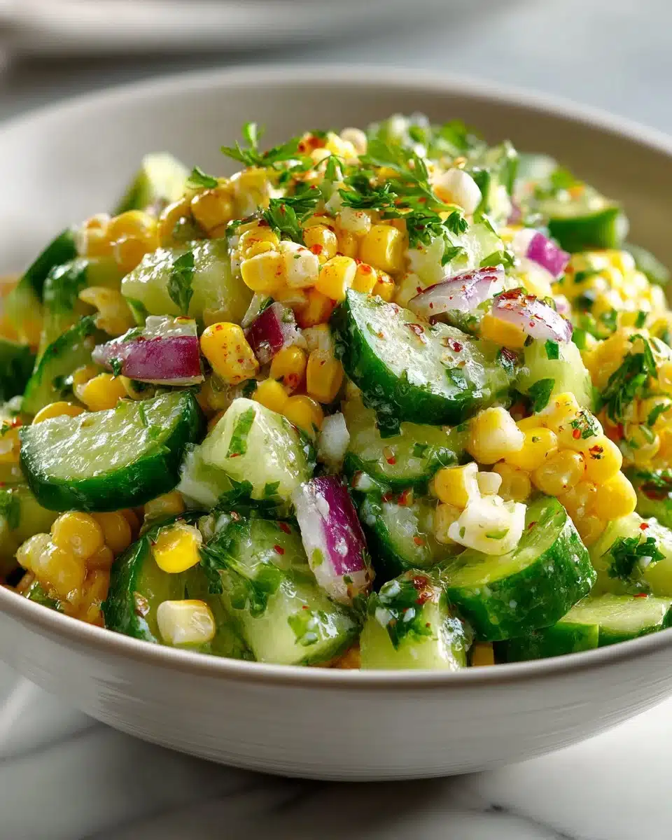Fresh corn and cucumber summer toss salad in a bowl