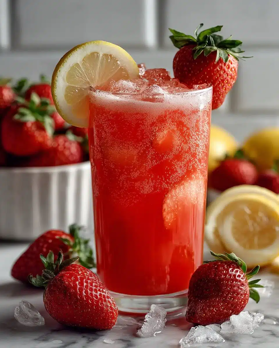A refreshing glass of homemade strawberry lemonade with fresh strawberries and lemons