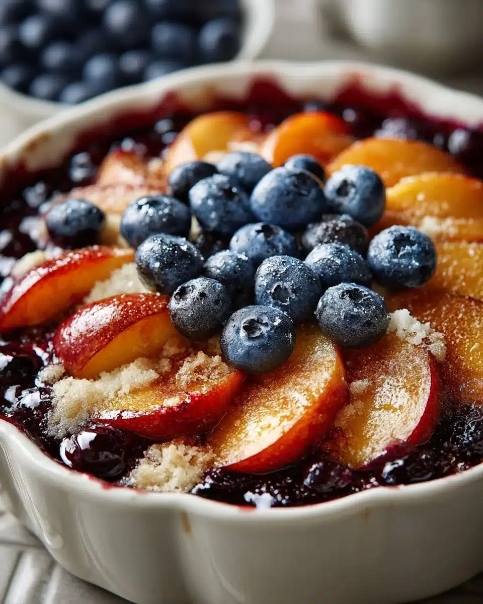 Delicious fresh peach and blueberry cobbler baked to perfection