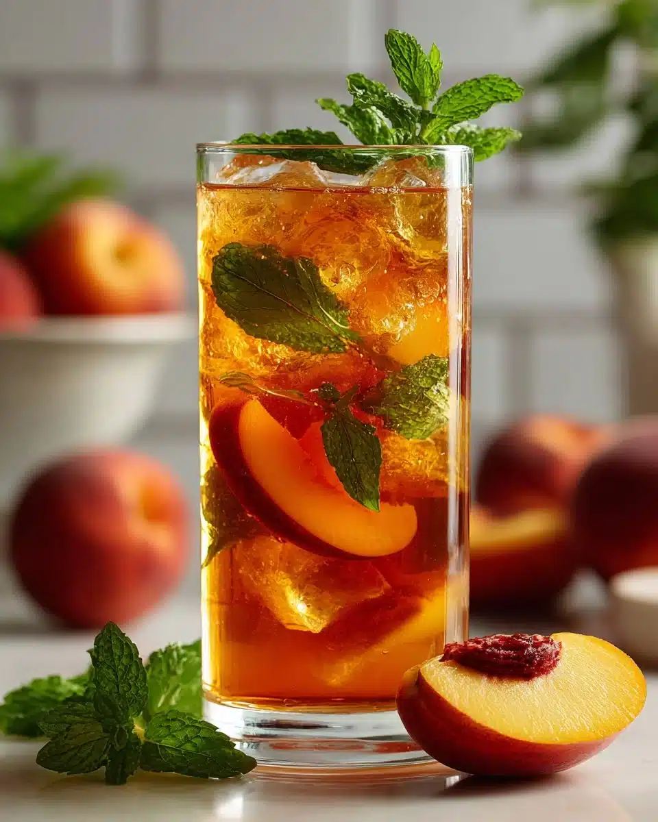 Refreshing peach iced tea with fresh peaches and mint leaves