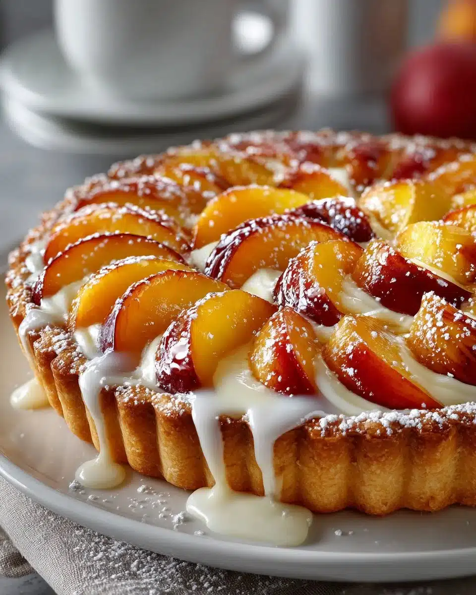 Fresh peach tart topped with vanilla glaze and sliced peaches
