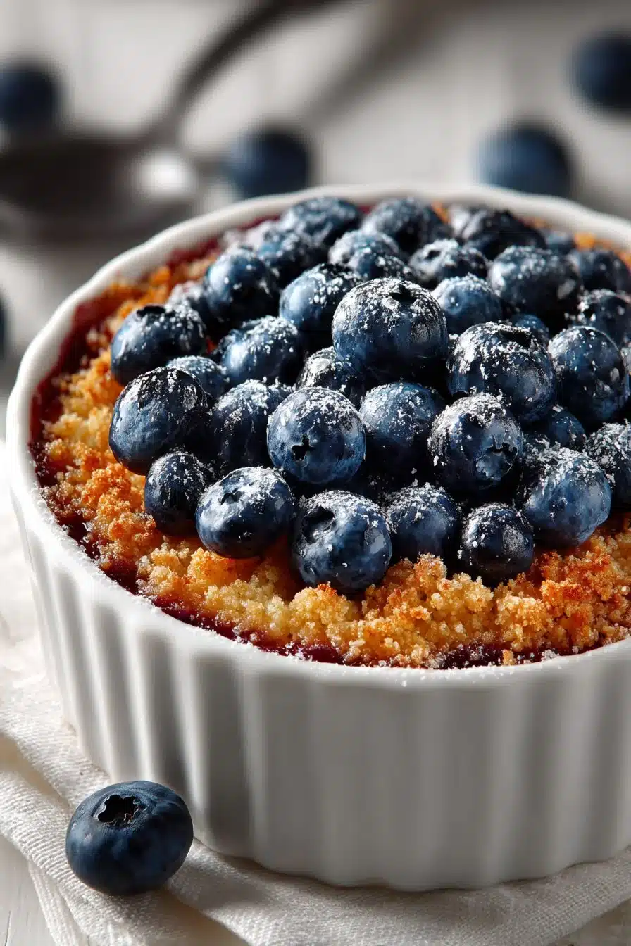 Fresh summer blueberry crumble dessert with juicy blueberries and crumb topping