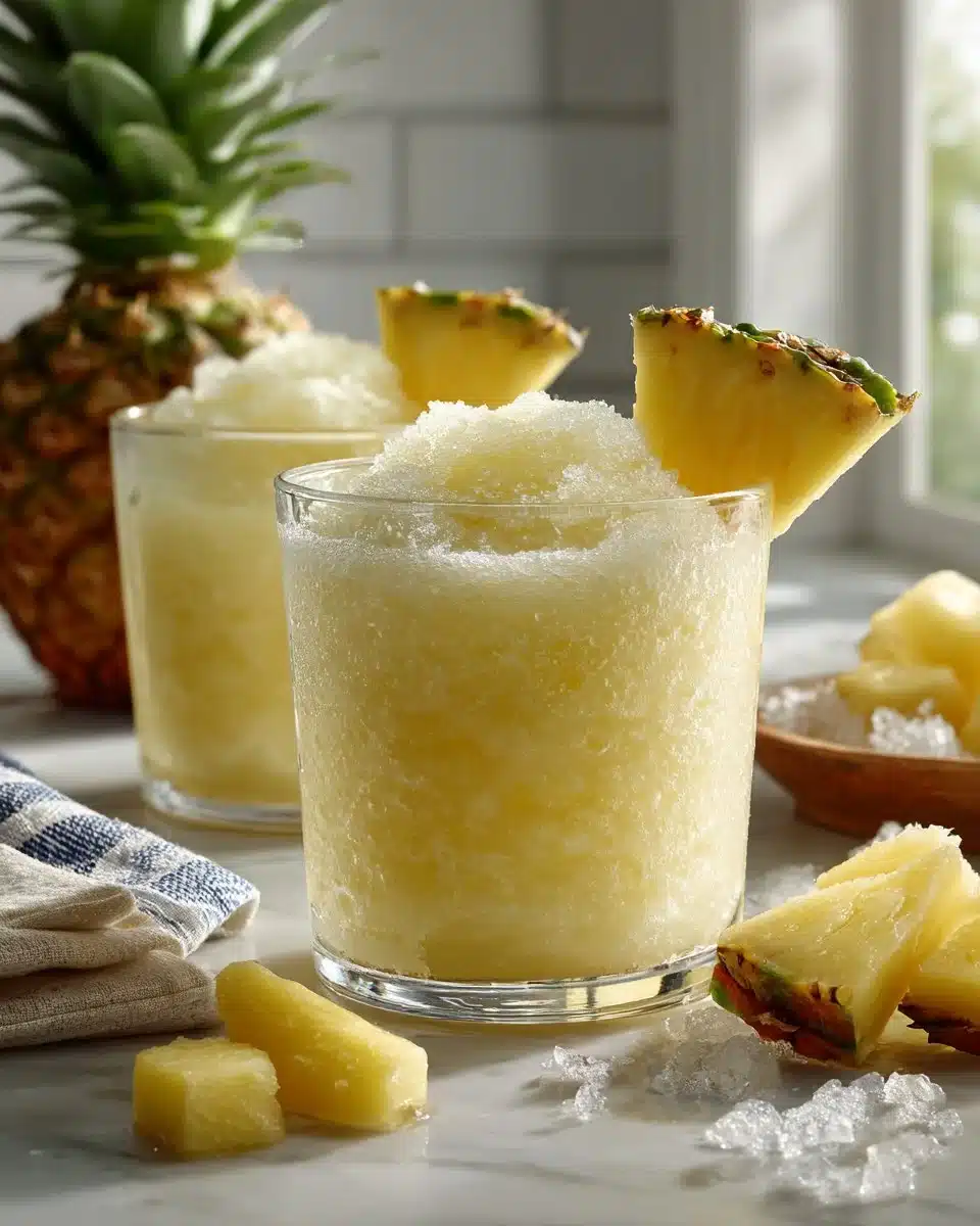 A refreshing Pineapple Coconut Slush served in a glass with ice and tropical garnishes.