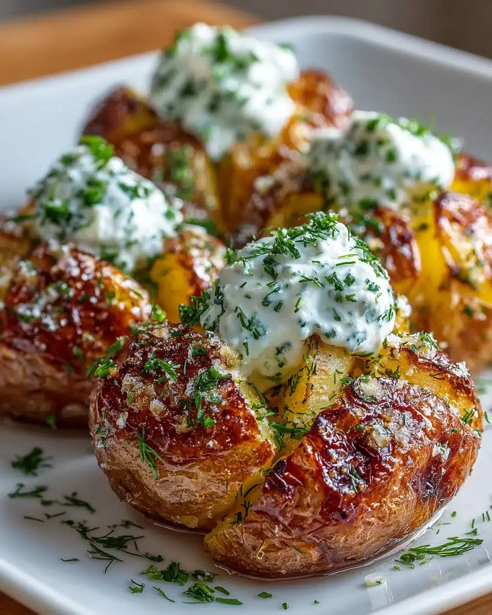 Garlic Herb Smashed Potatoes served with Tzatziki sauce on a plate