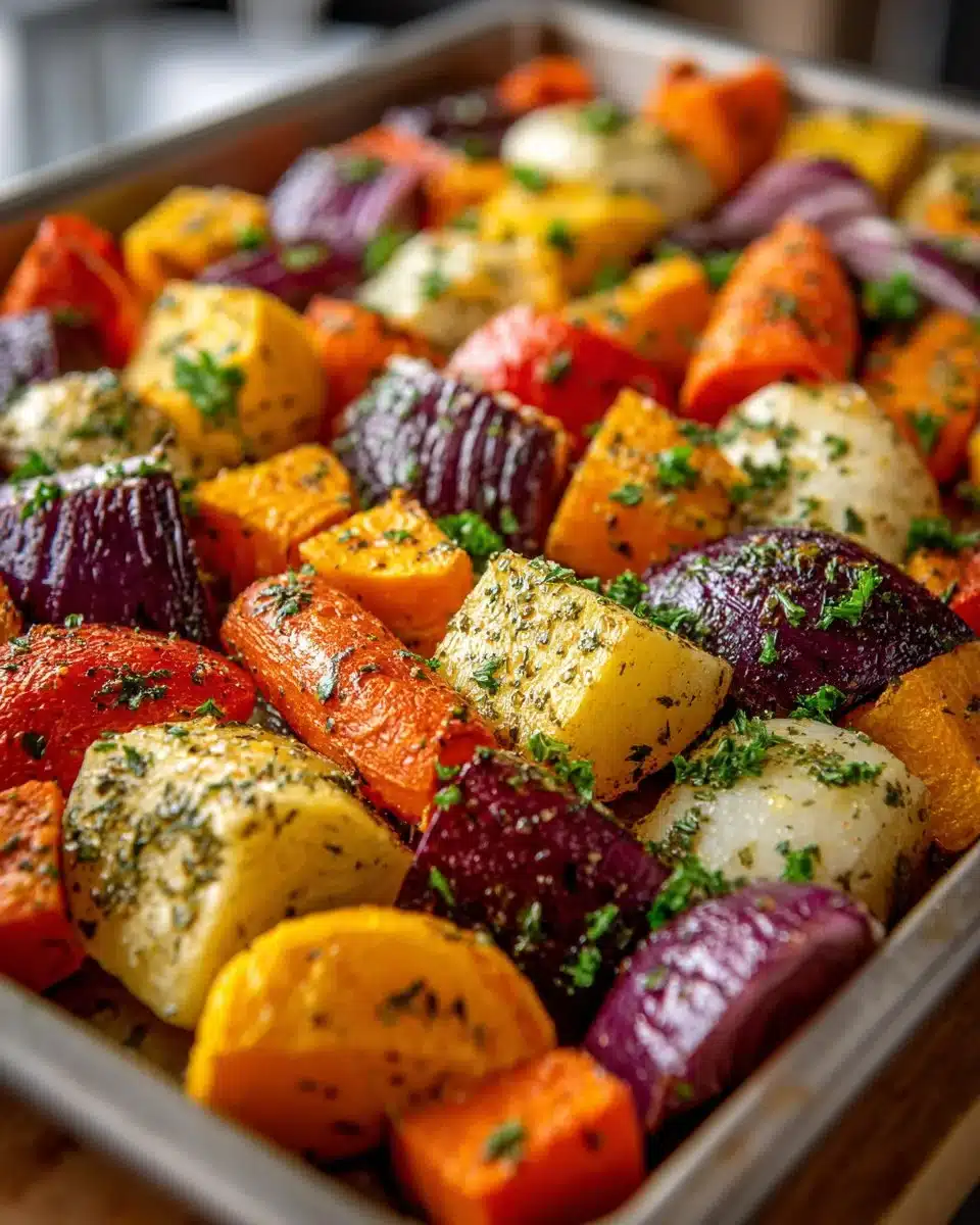 Plate of Greek Style Roasted Root Vegetables with herbs and spices