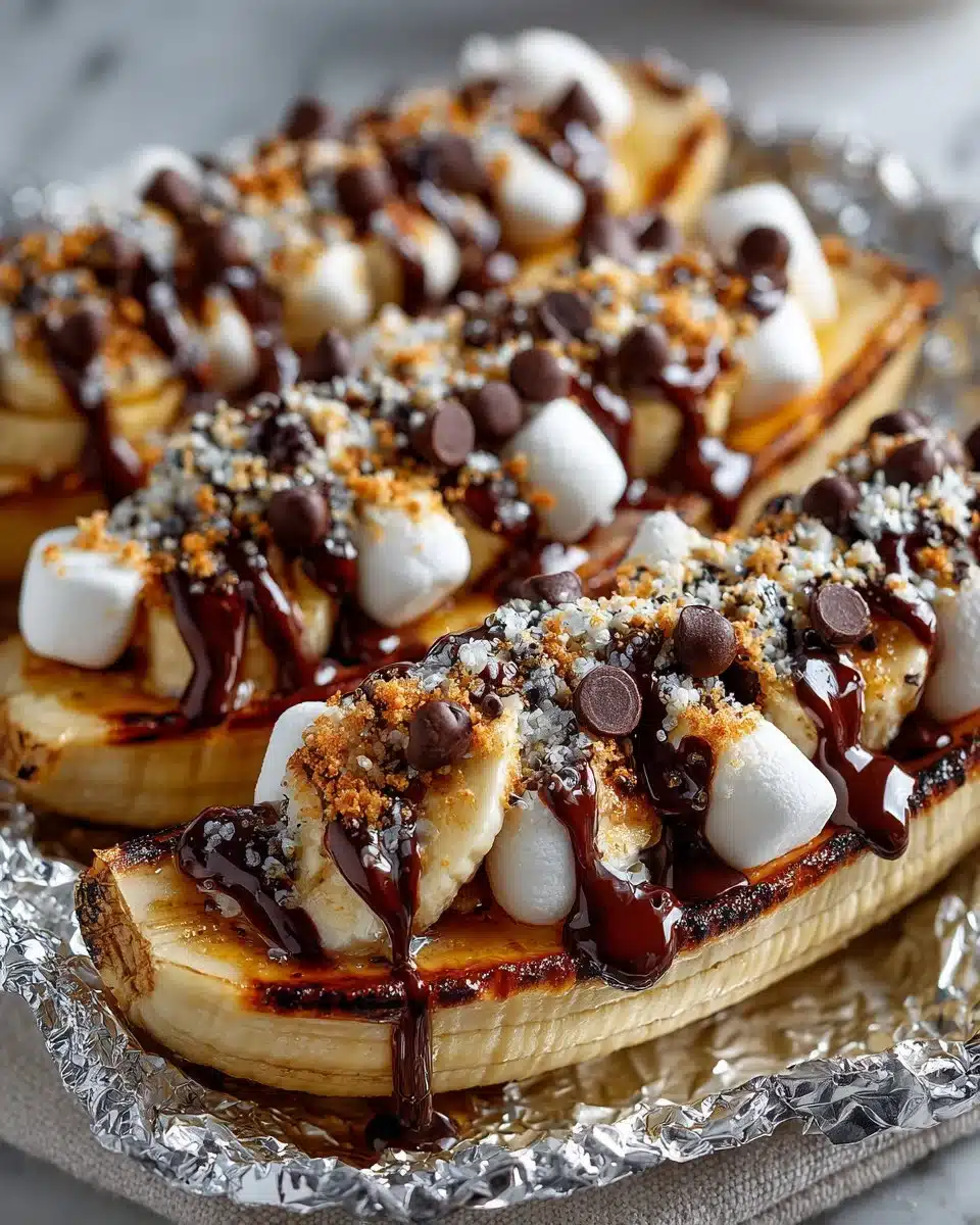Grilled banana boats filled with chocolate and toasted on a grill.