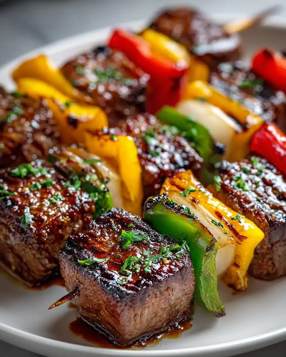 Grilled beef skewers with colorful bell peppers on a BBQ grill