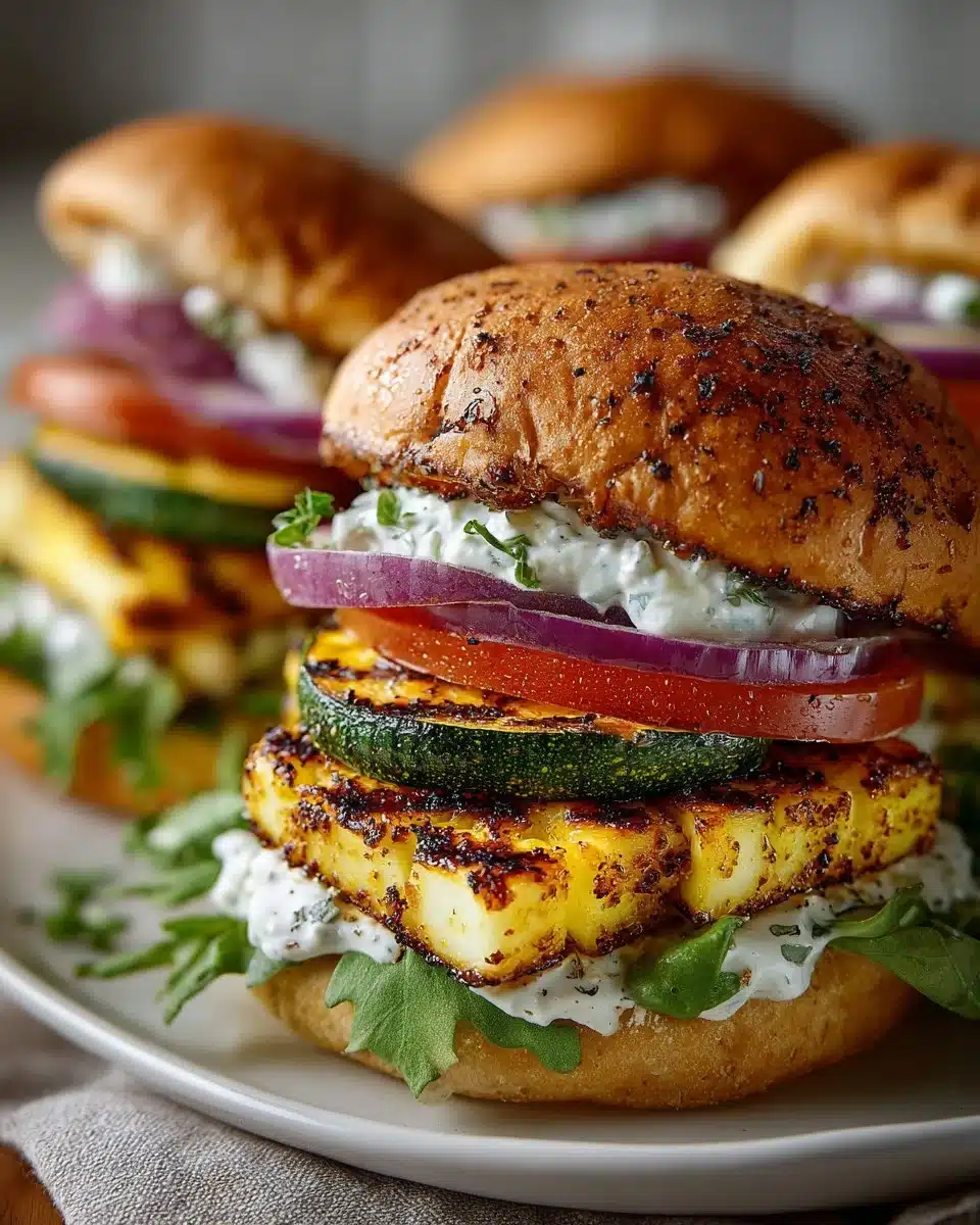 Grilled halloumi and zucchini burgers on a wooden board with fresh toppings.
