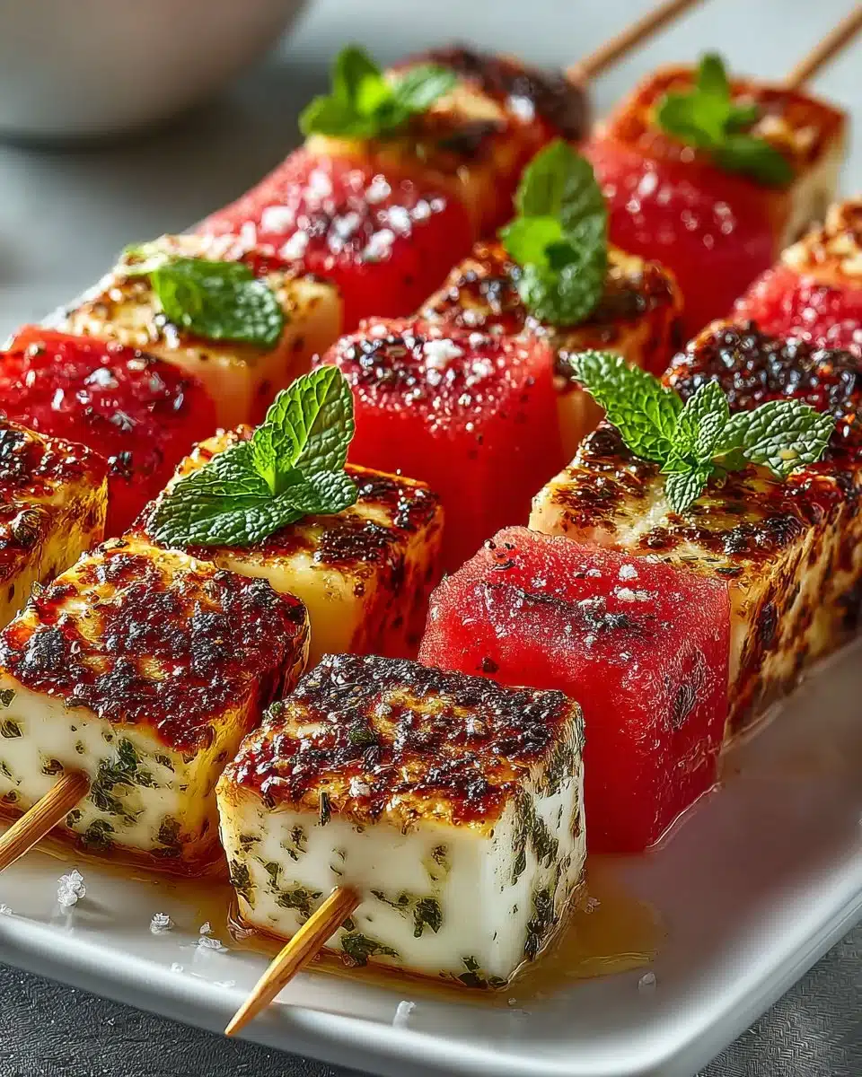 Grilled haloumi and watermelon skewers on a platter, garnished with herbs.