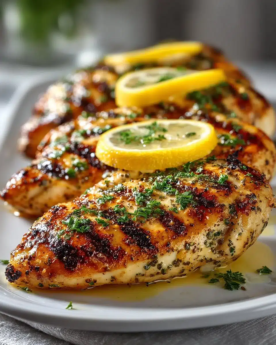 Grilled lemon garlic chicken breast on a plate garnished with herbs.