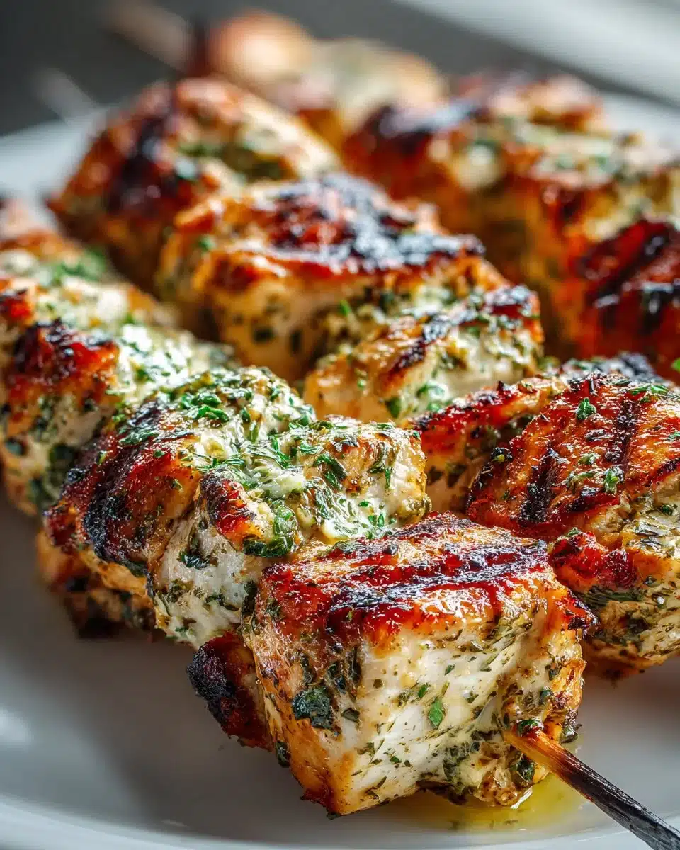 Grilled lemon herb turkey skewers served on a platter with fresh herbs.