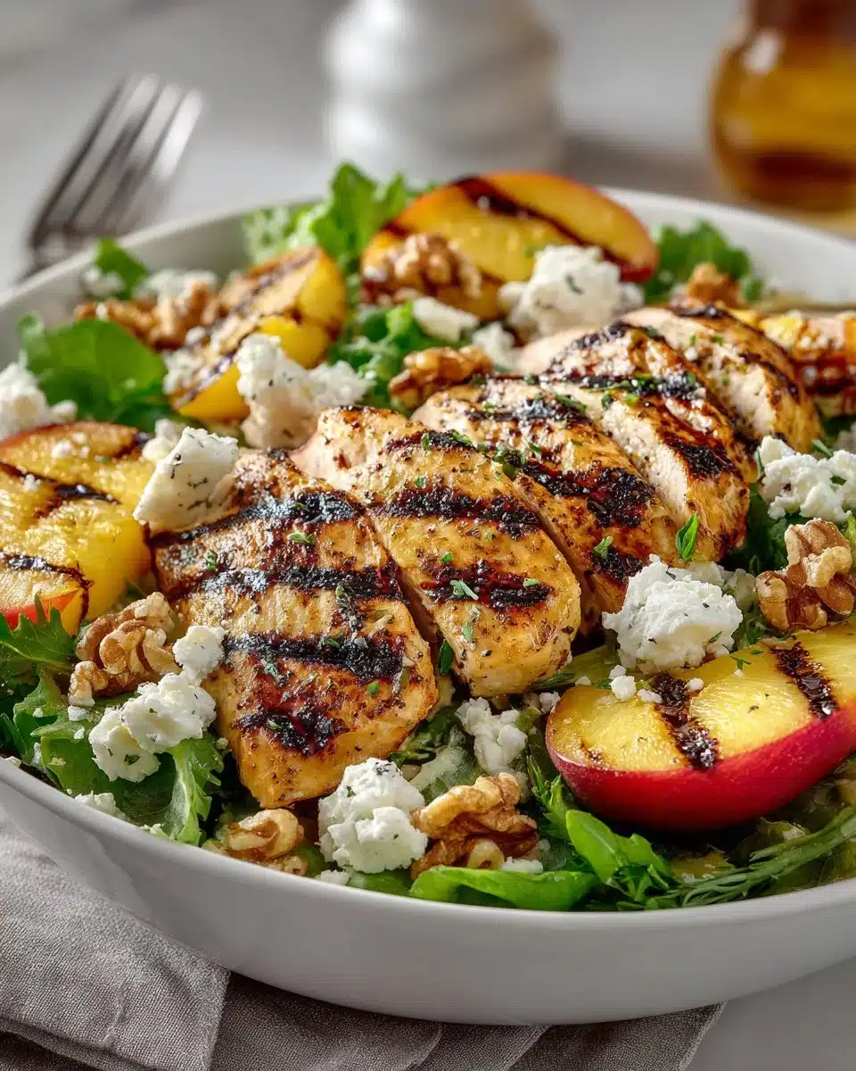 Delicious grilled peach and chicken salad with vibrant greens and dressing