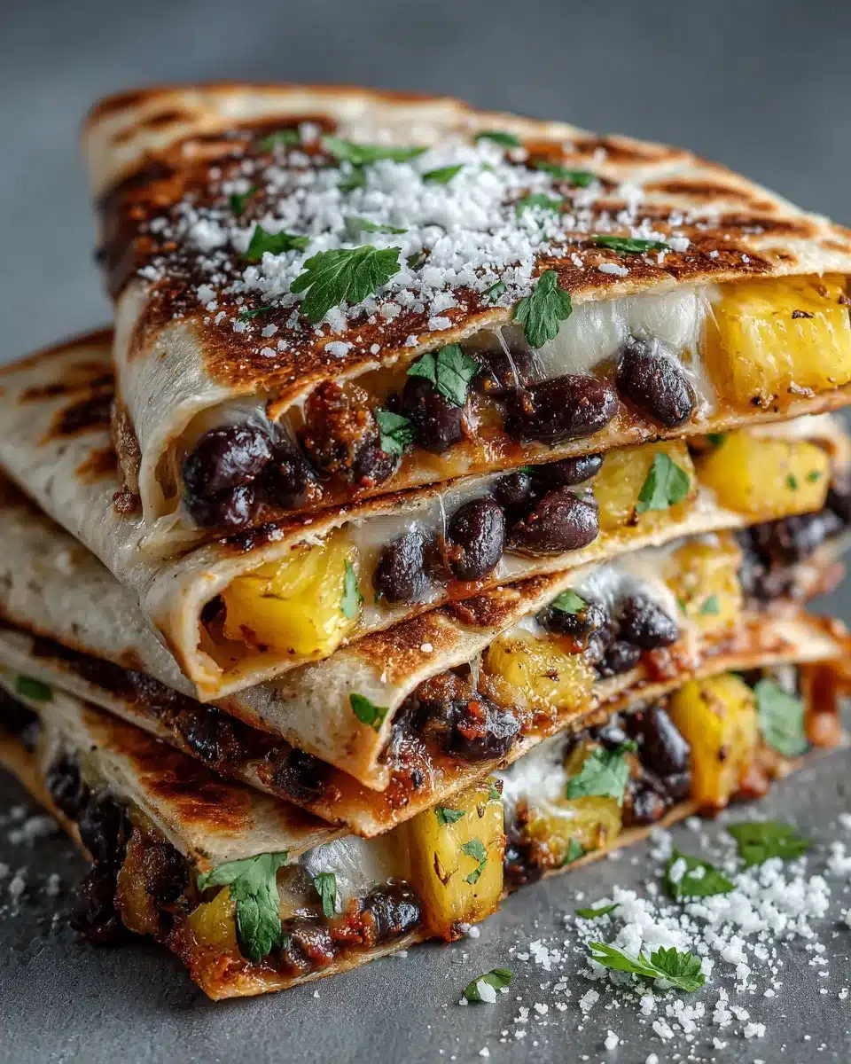 Grilled pineapple and black bean quesadillas on a plate, garnished with fresh cilantro.