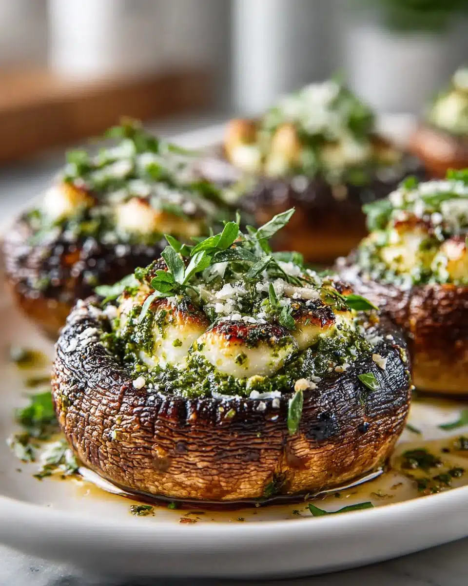 Grilled portobello mushrooms topped with vibrant pesto sauce