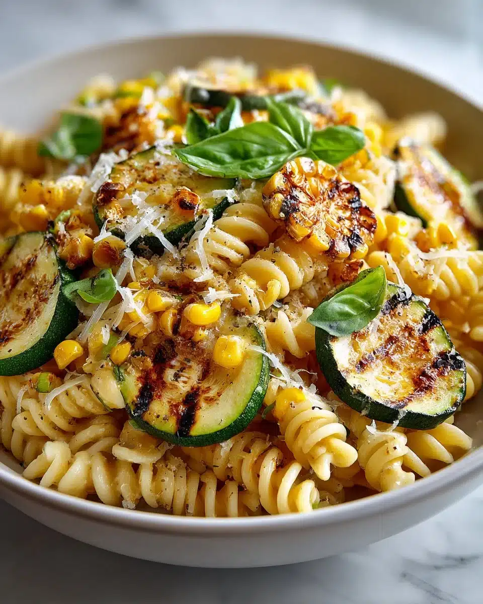 Grilled zucchini and sweet corn mixed into zucchini pasta dish