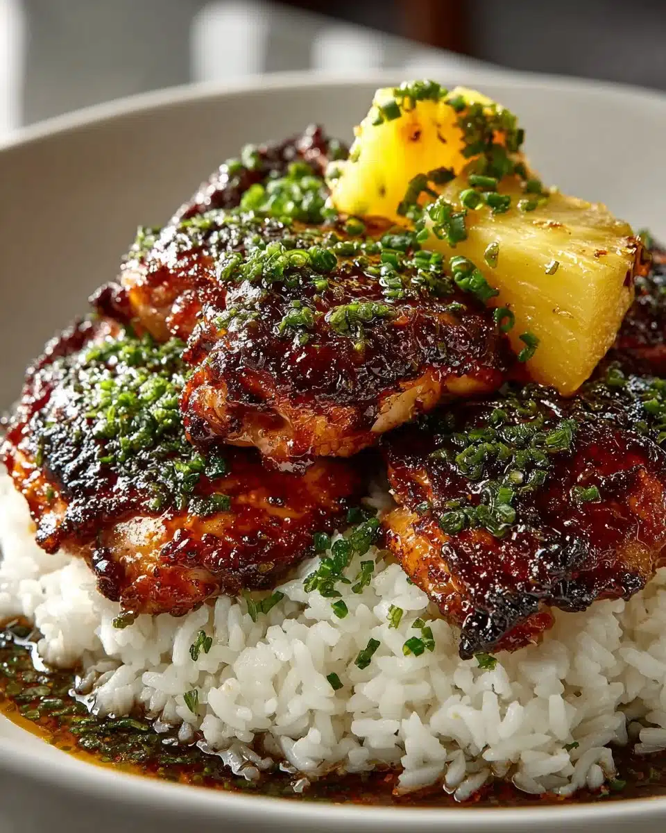 Hawaiian Chicken served over fluffy coconut rice garnished with fresh herbs.