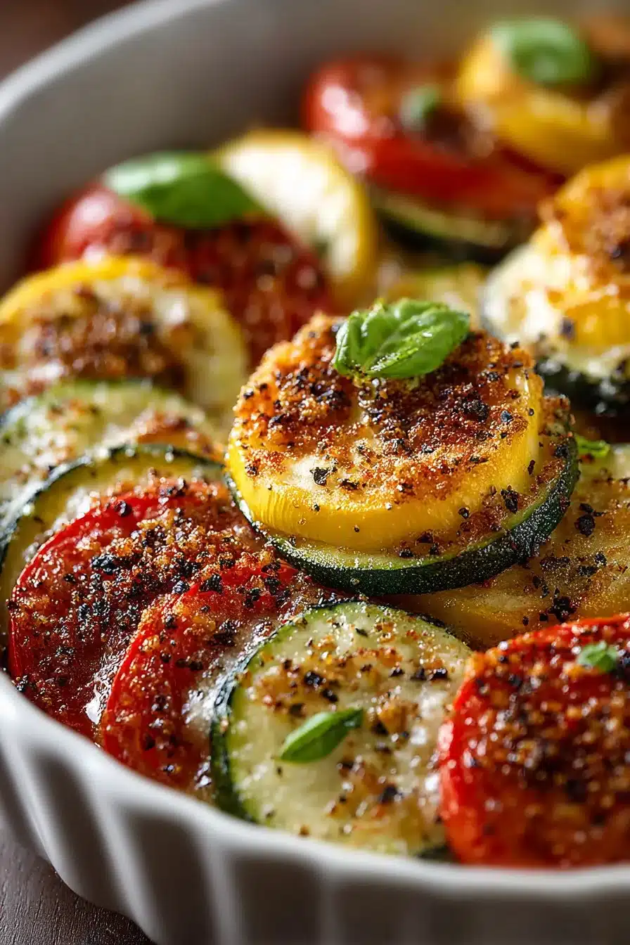 Healthy baked zucchini squash and tomato gratin served hot in a dish
