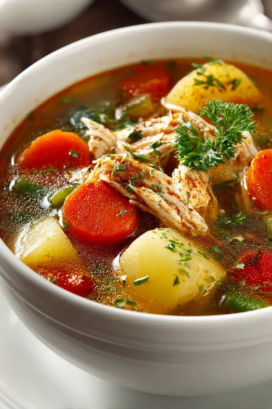 Healthy chicken and vegetable soup in a bowl, perfect for comfort food lovers.