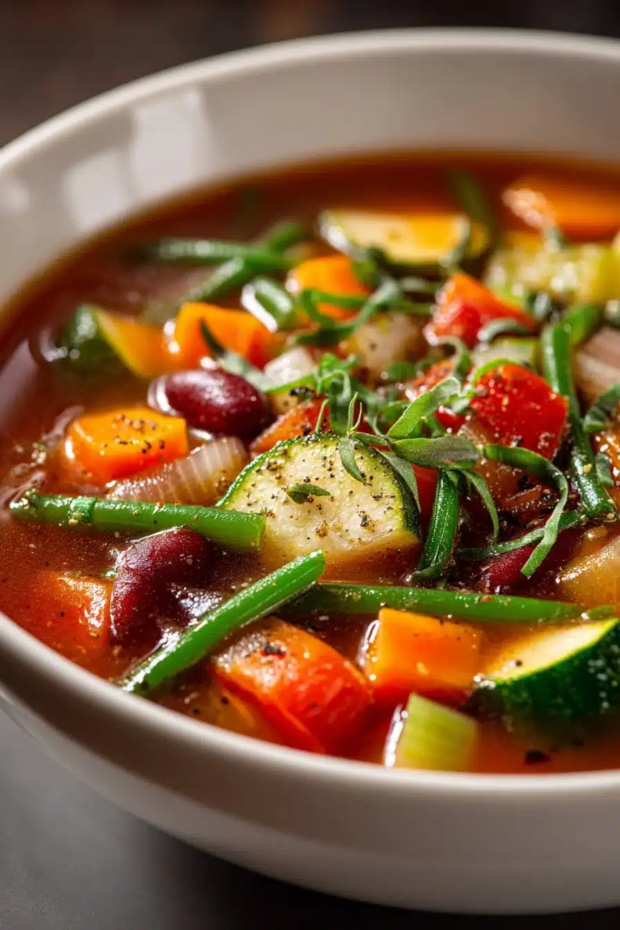 Bowl of healthy minestrone soup with a variety of fresh vegetables