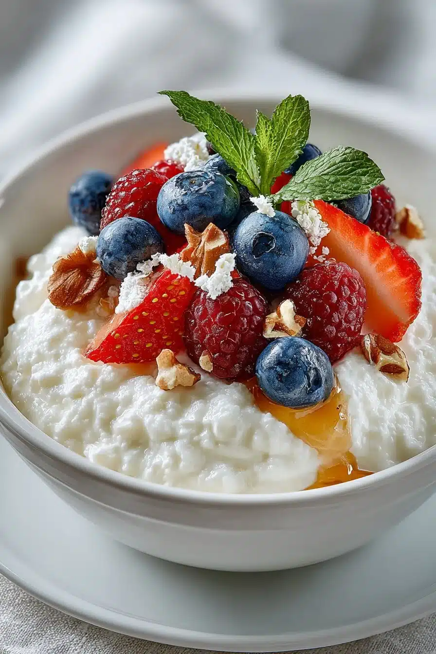 Healthy cottage cheese bowl topped with fresh berries for a nutritious snack.