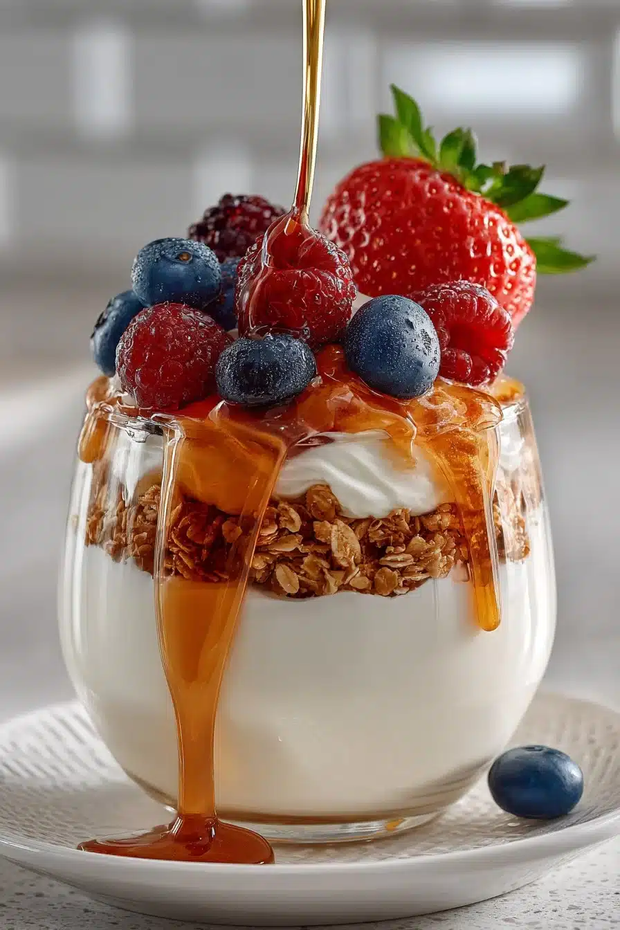 Healthy creamy Greek yogurt parfait with honey and fresh fruits