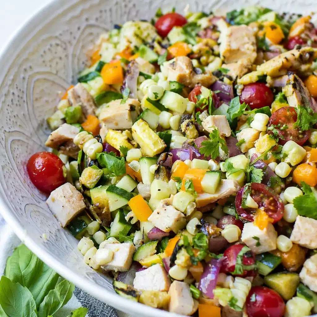 Healthy Grilled Chicken and Summer Vegetable Salad with lemon vinaigrette.