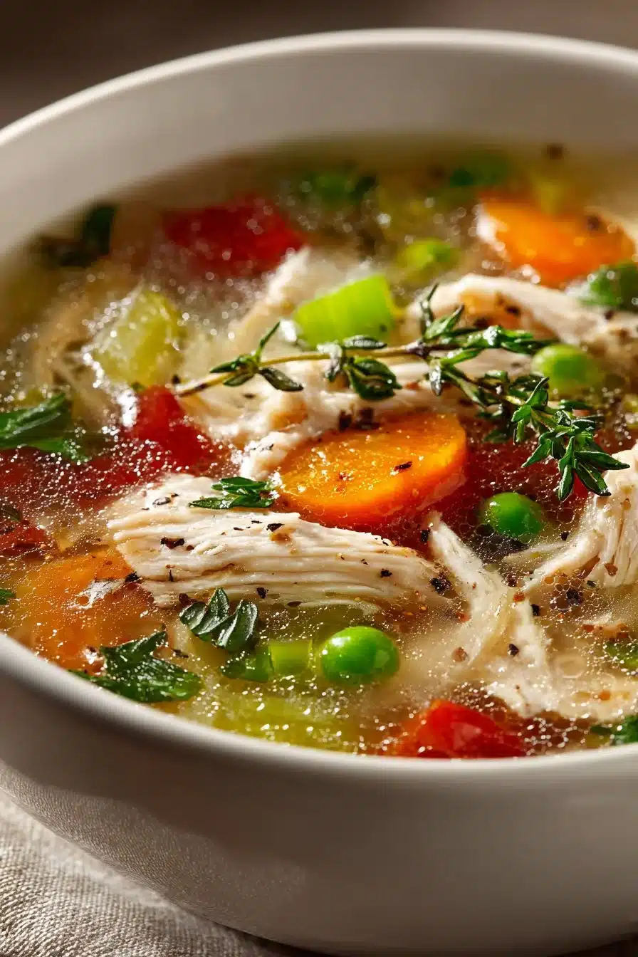 Healthy homemade chicken and vegetable soup in a bowl