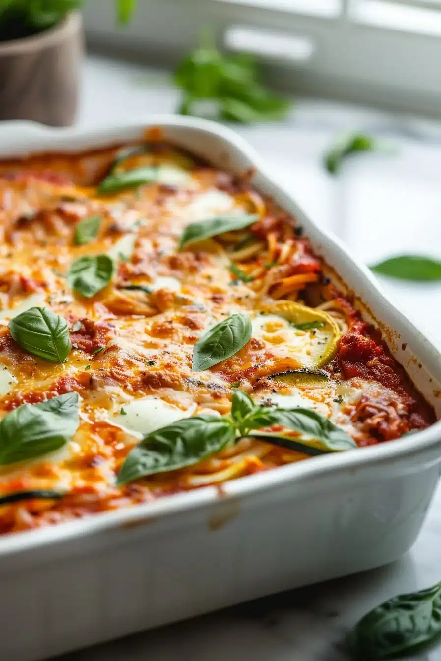 Healthy keto zucchini noodle pasta bake served on a plate.