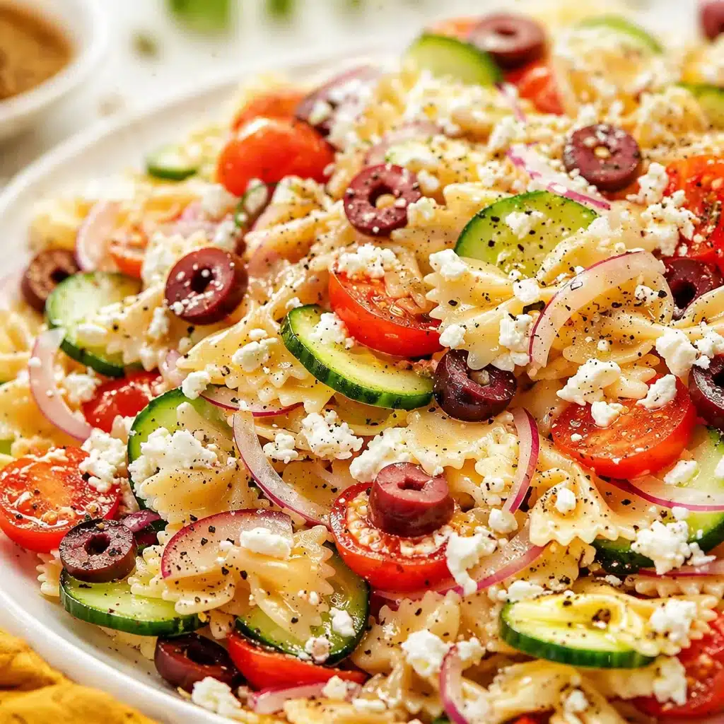 Healthy Mediterranean Summer Pasta Salad with vibrant vegetables and herbs