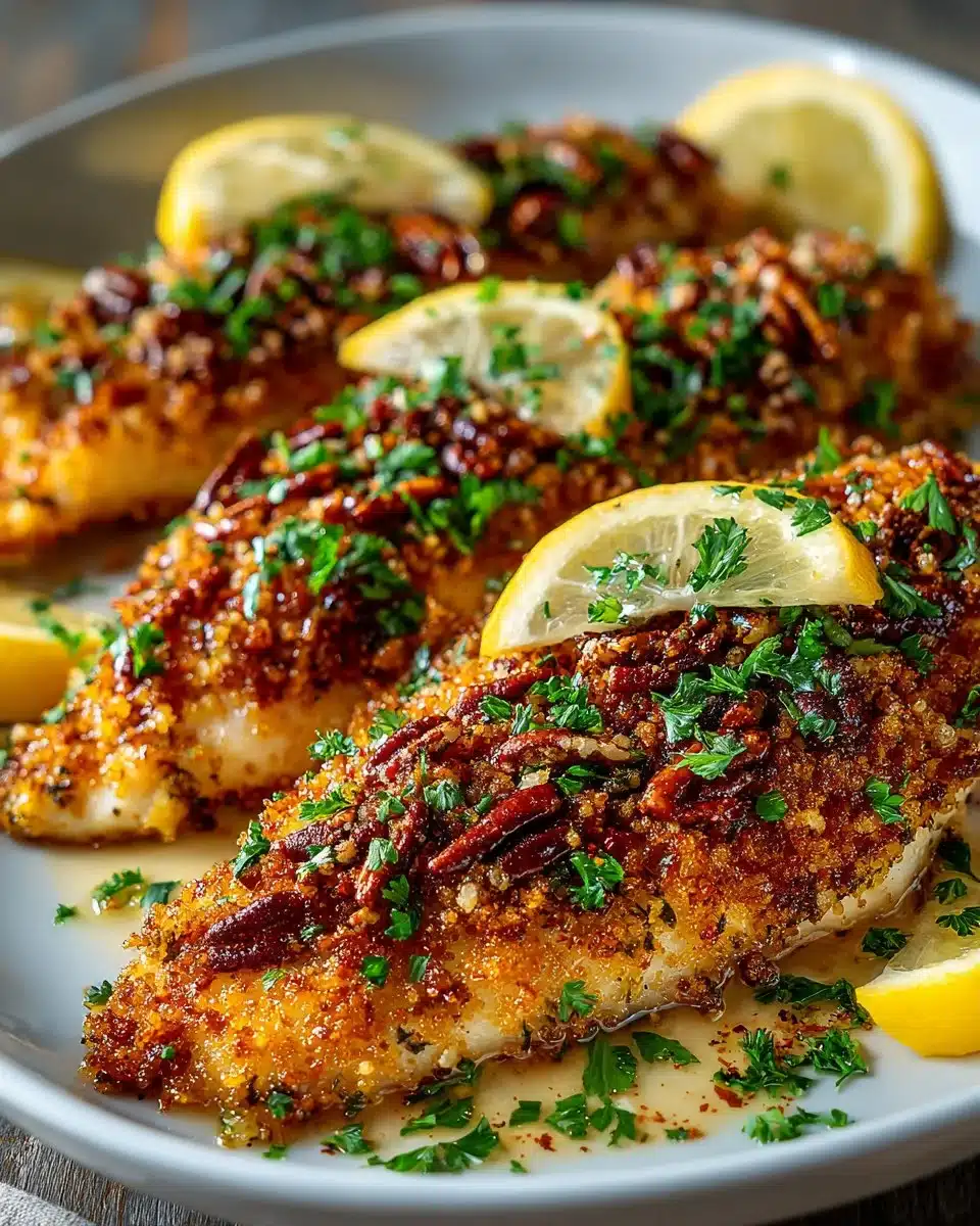 Healthy pecan crusted tilapia fillets served on a plate with garnish