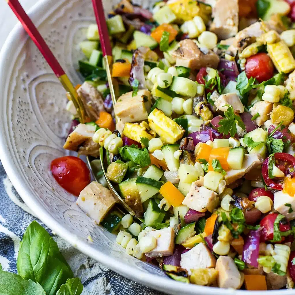 Healthy Roasted Vegetable and Chicken Salad with vibrant veggies and grilled chicken.