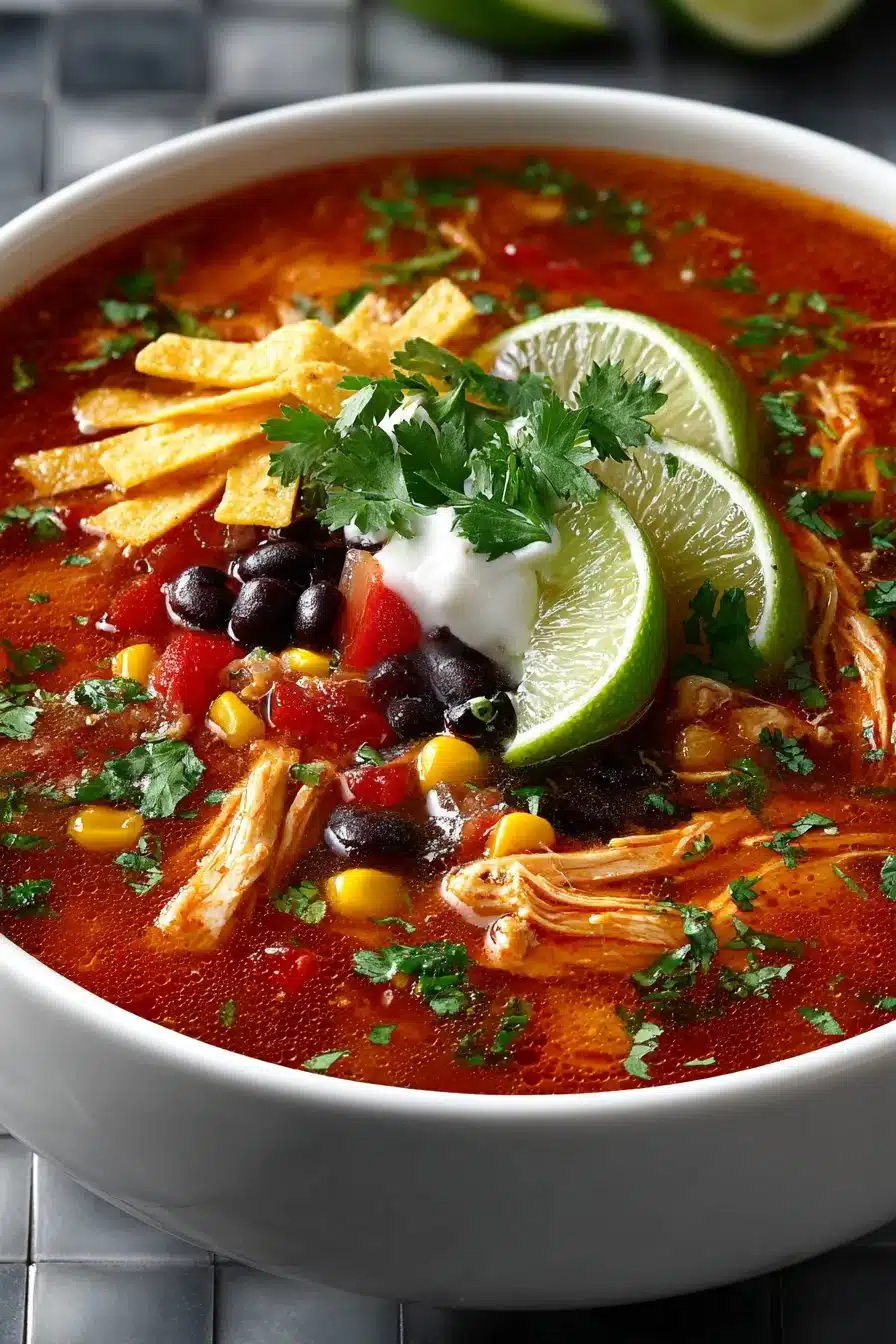 Healthy slow cooker chicken tortilla soup garnished with tortilla strips and cilantro