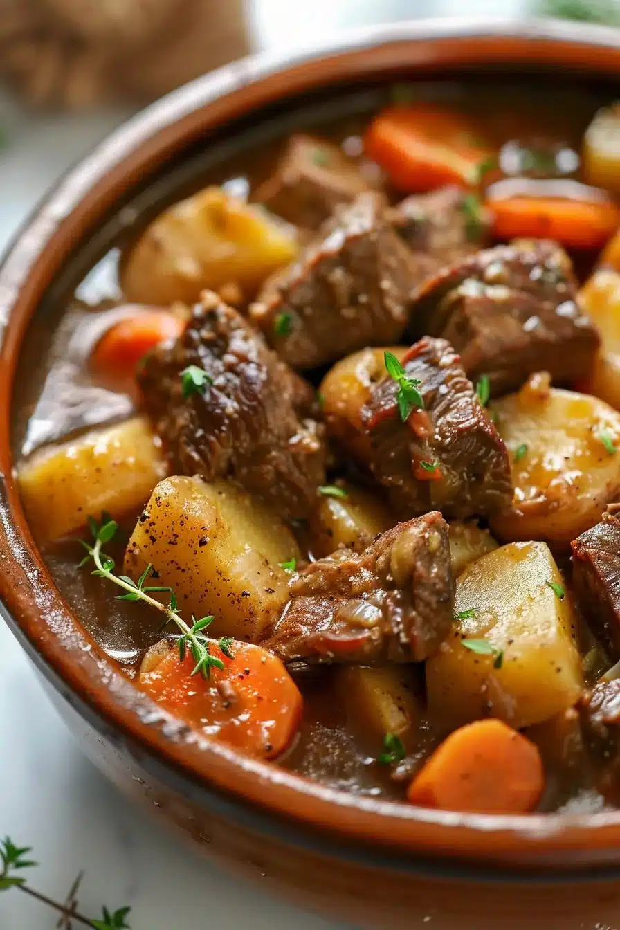 Bowl of hearty country beef stew with potatoes and vegetables