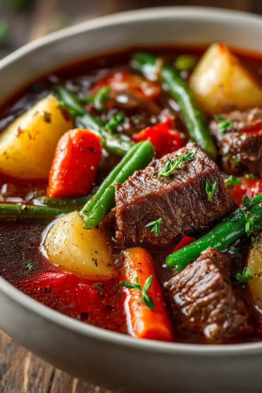 Hearty Healthy Vegetable Beef Soup A bowl of hearty vegetable beef soup with fresh vegetables and tender beef chunks