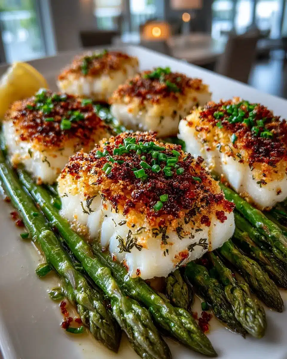 Herb crusted baked cod with asparagus served on a plate