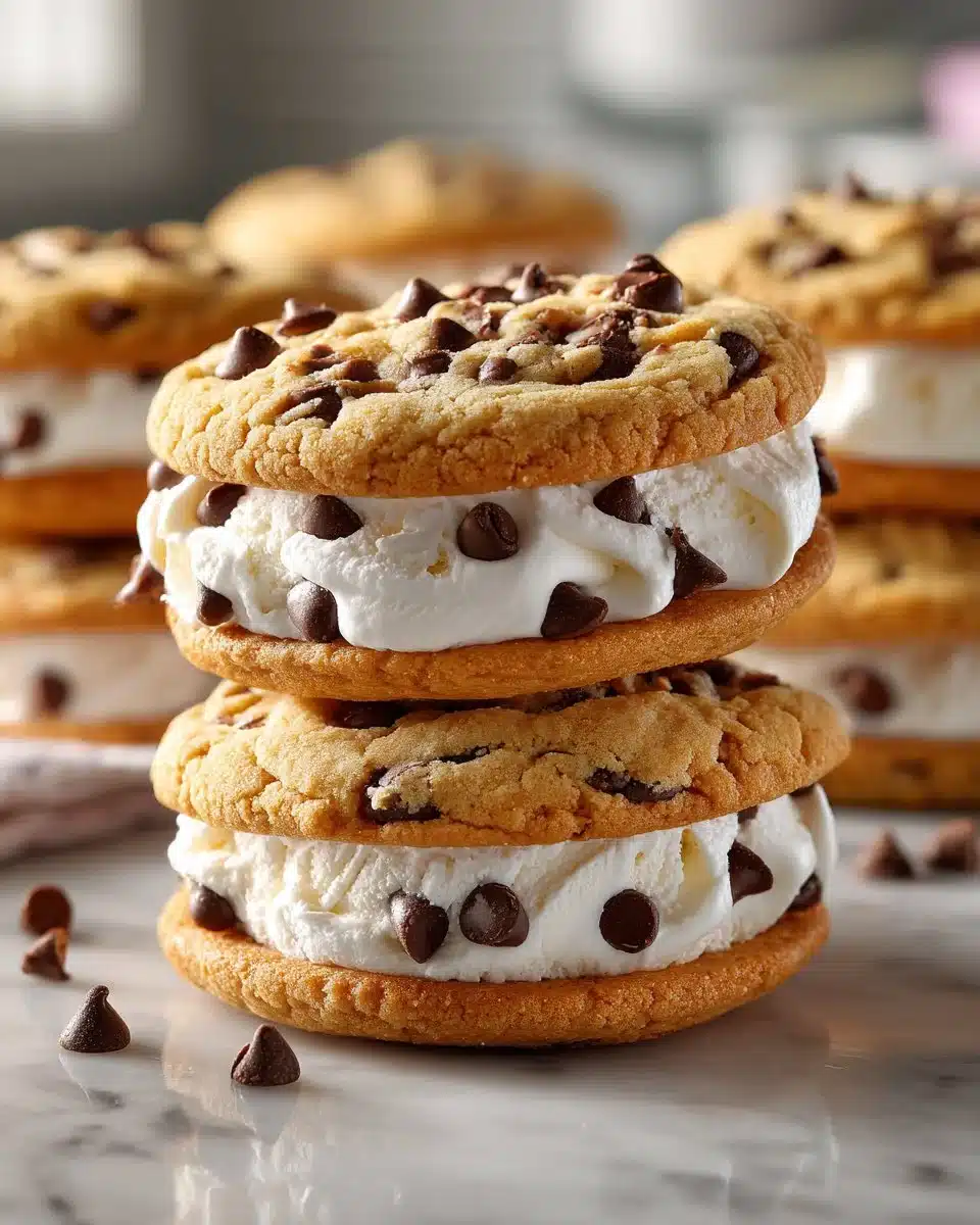 Delicious homemade chocolate chip cookie ice cream sandwiches on a plate