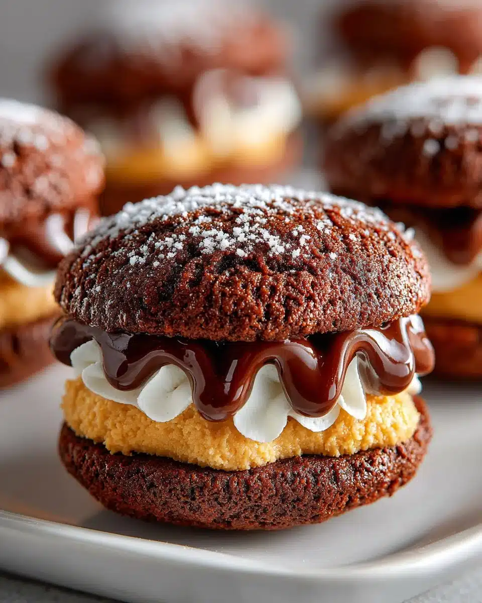Homemade chocolate peanut butter whoopie pies on a plate