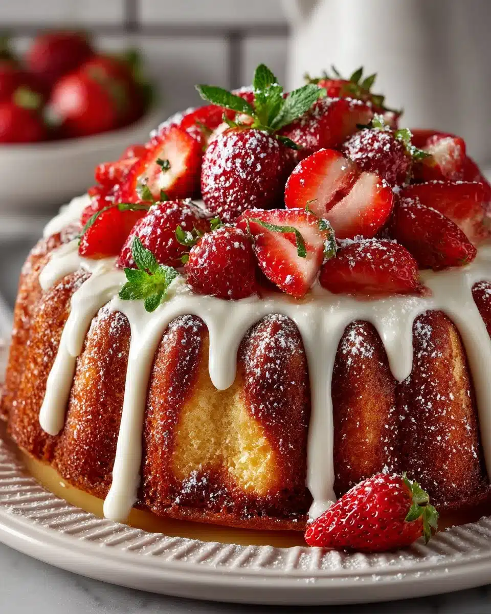 Homemade limoncello strawberry cake topped with fresh strawberries and lemon zest.