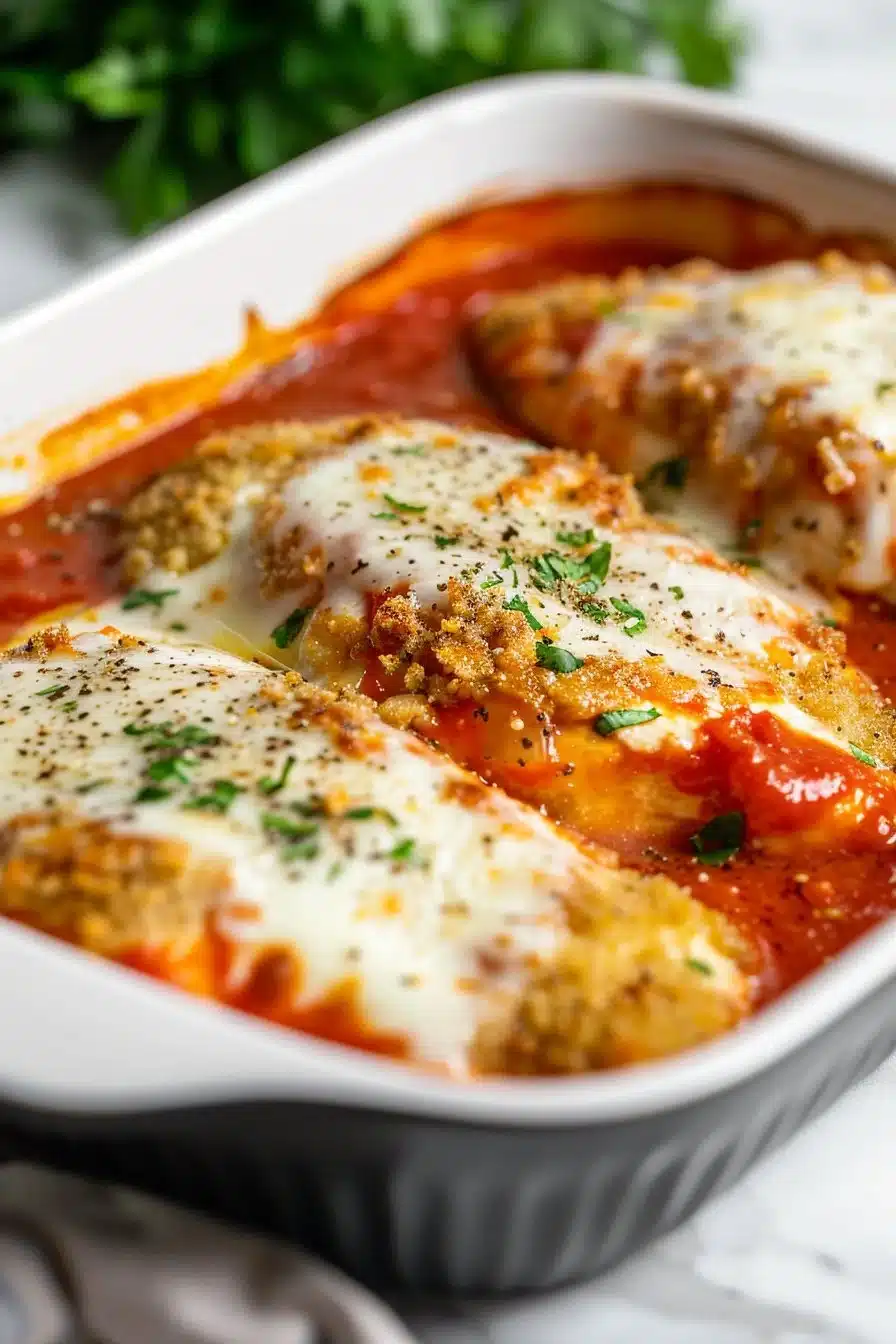 Delicious Homestyle Chicken Parmesan Bake topped with melted cheese and marinara sauce